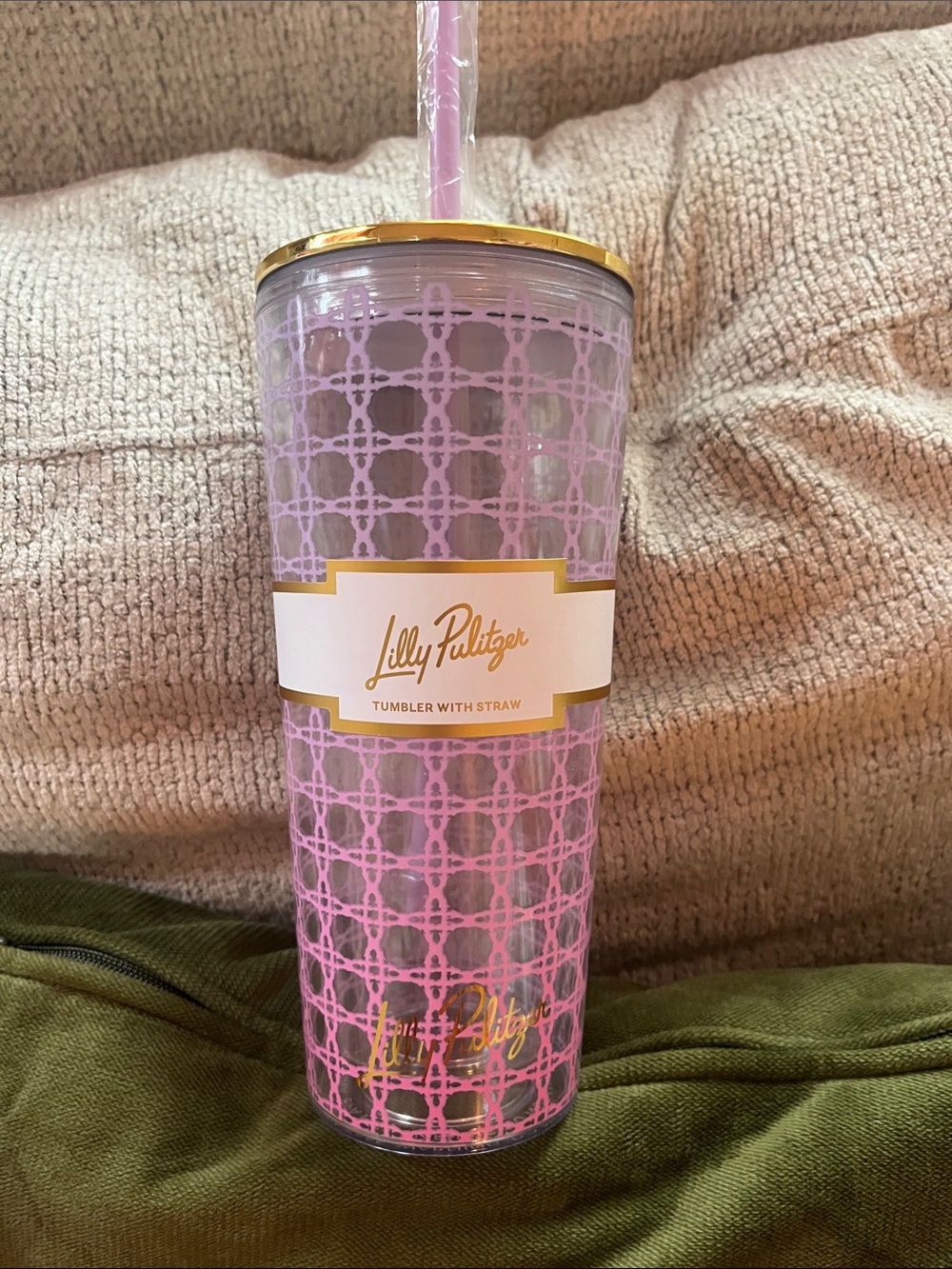 Lilly Pulitzer Pink Lattice Acrylic Tumbler with Gold Trim and Straw